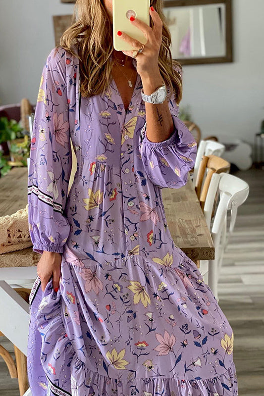 LB | Lavender Flavour Printed Long Sleeve Button A-Line Maxi Dress