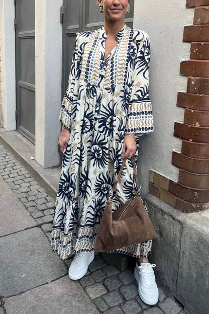LB | Casualowa sukienka maxi z trąbkowymi rękawami i etnicznym nadrukiem