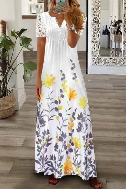 LB | Boho Floral V Neck Button Lace Sleeve Holiday Beach Maxi Dress