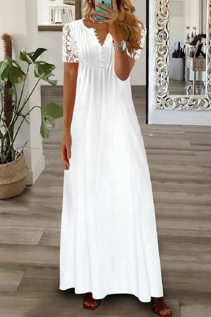 LB | Boho Floral V Neck Button Lace Sleeve Holiday Beach Maxi Dress