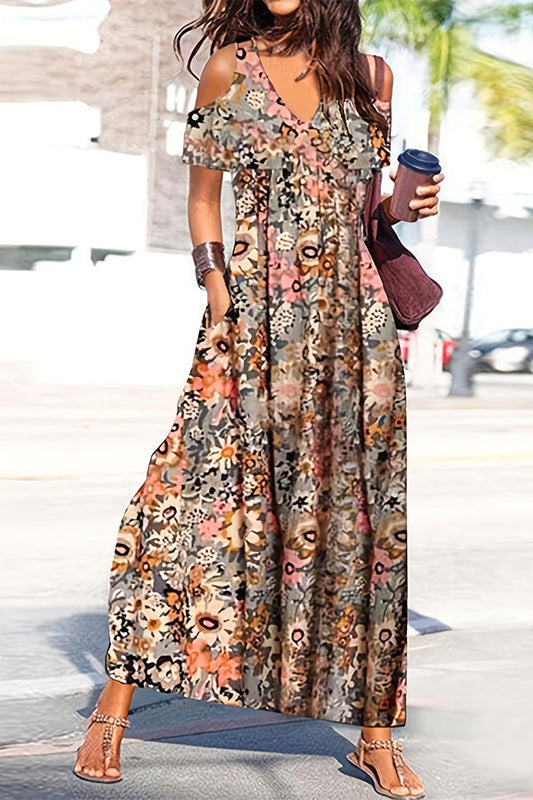 LB | Ayden Plant Print Cold Shoulder Flared Maxi Dress z kieszeniami