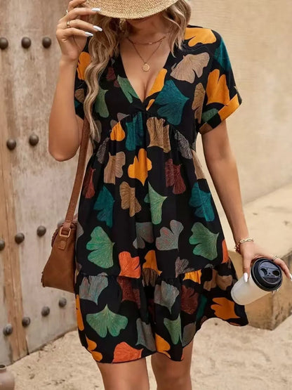 AS | Boho mini šaty s potiskem a krátkým rukávem do V