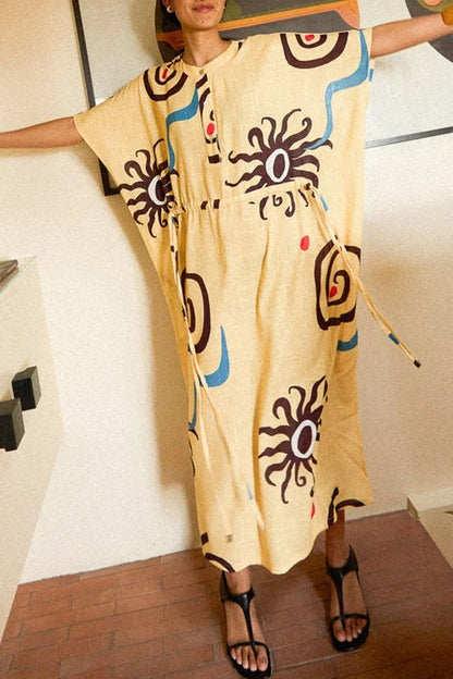 LB | Helia Linen Blend Unique Print Kaftan Maxi Dress ze sznurkiem w talii