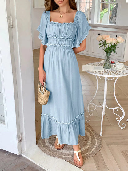 AS | Čtvercový výstřih Puff rukávy Frill trim Maxi šaty