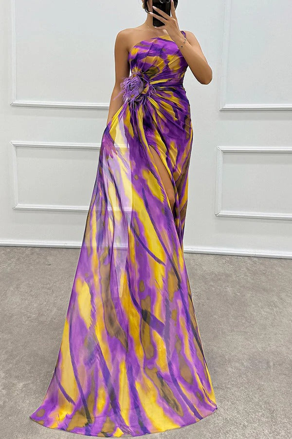 LB | Amazing Views Watercolour Print Feather Rose Detail Off Shoulder Pleated Slit Maxi Dress