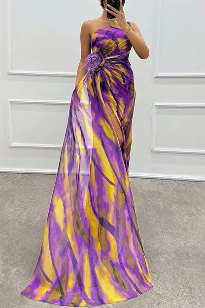 LB | Amazing Views Watercolour Print Feather Rose Detail Off Shoulder Pleated Slit Maxi Dress