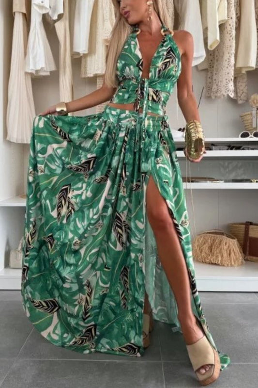 LB | Amazon Scenery Unique Print Tie-up Neckline Waist Ring Halter Slit Maxi Dress
