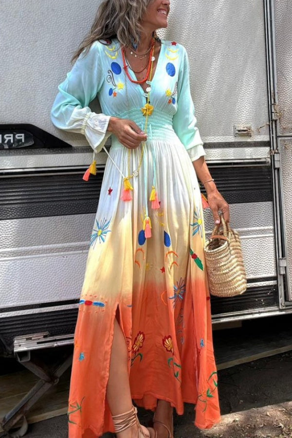 LB | Gigi Unique Pattern Gradient Print Smocked Elastyczna sukienka maxi z frędzlami w talii