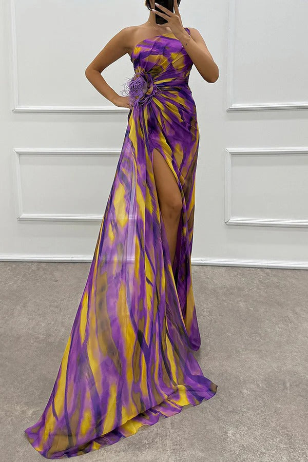 LB | Amazing Views Watercolour Print Feather Rose Detail Off Shoulder Pleated Slit Maxi Dress