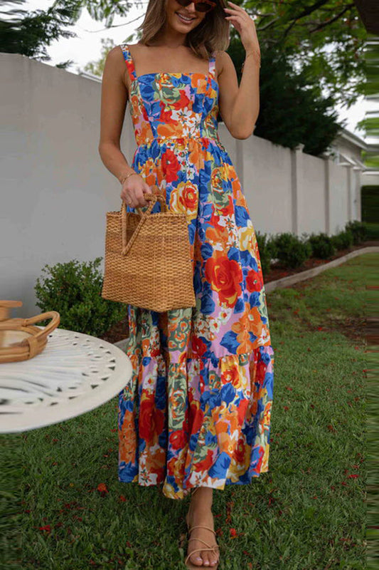 LB | Style Lover Kwadratowy dekolt Regulowane ramiączka Sukienka maxi w kwiaty