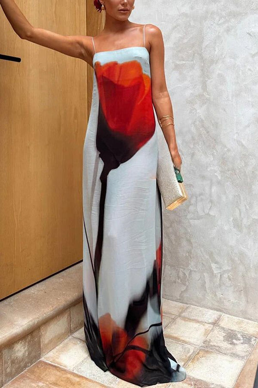LB | Seasonal Blooms Abstract Tulip Print Slip H-Line Holiday Maxi Dress