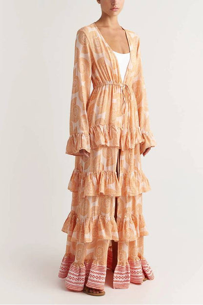 LB | Soleil Shell Print Drawstring Waist Striped Ruffle Cover-up Maxi Dress