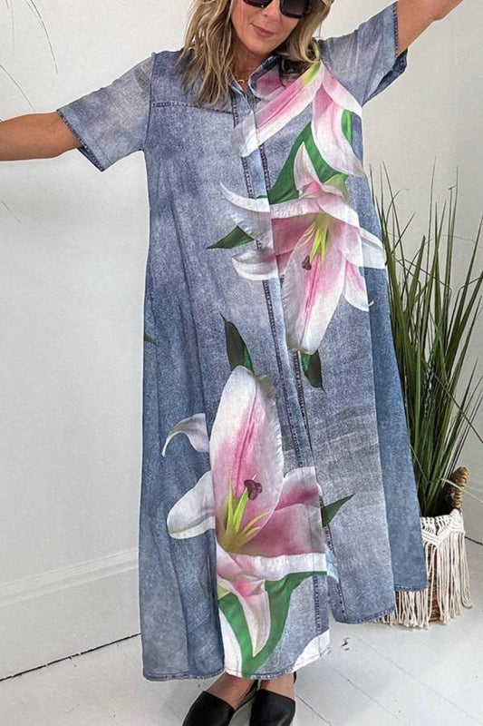 LB | Faux Denim Fabric Orchid Print Pocketed Shirt Maxi Dress