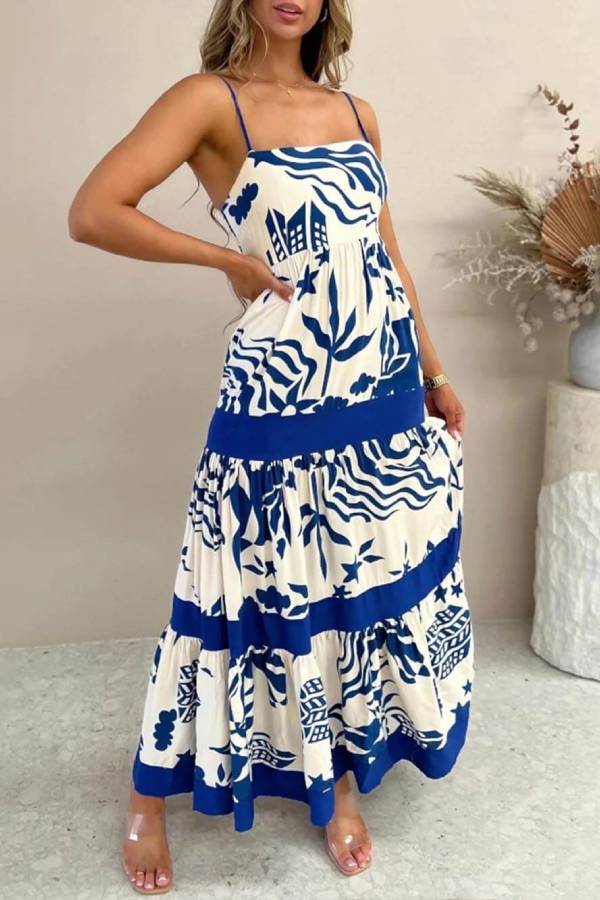 LB | Elegancka falbaniasta sukienka maxi z kwiatowym nadrukiem