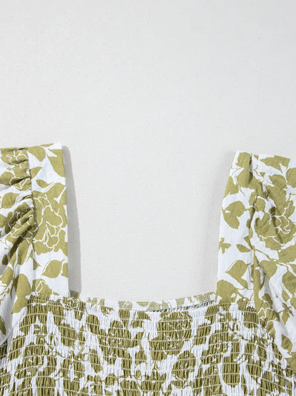 AS | Boho květinové čtvercové výstřih Smocked Bust Puff Sleeve Tiered šaty