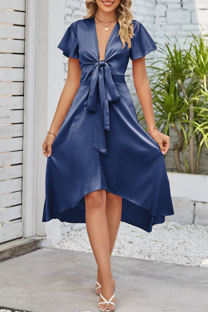 AS | Celebrity Elegantní pevné sklady s lukem V-Neck A Line Dresses(9 barev)