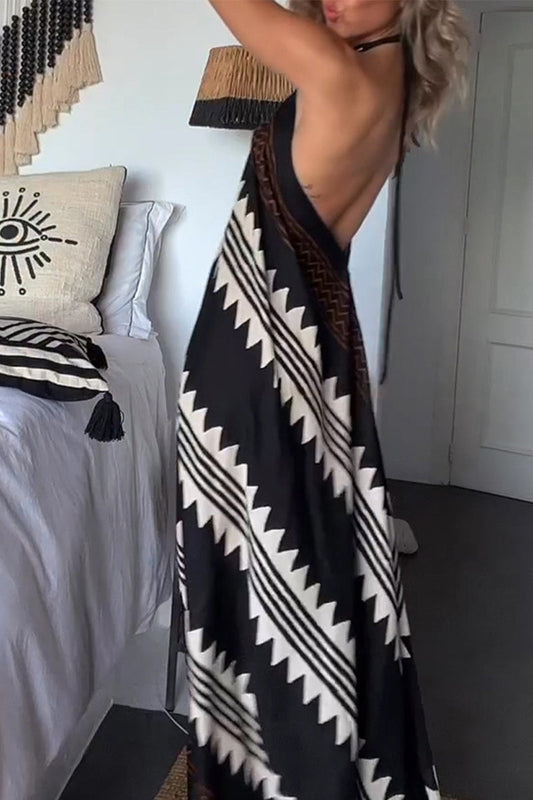 AS | College Holiday Print Patchwork Halter Beach Dress Dresses