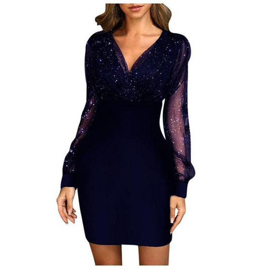 AS | Dámské podzimní šaty s dlouhými rukávy a švy V-Neck Mesh Dress