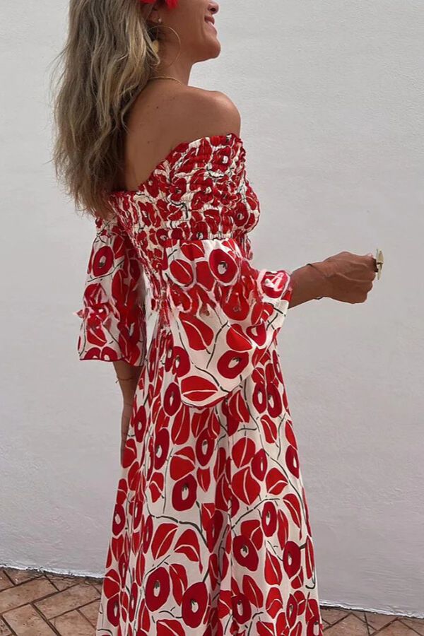 LB | Close To The Vacation Floral Print Smocked Off Shoulder Pocketed Maxi Dress