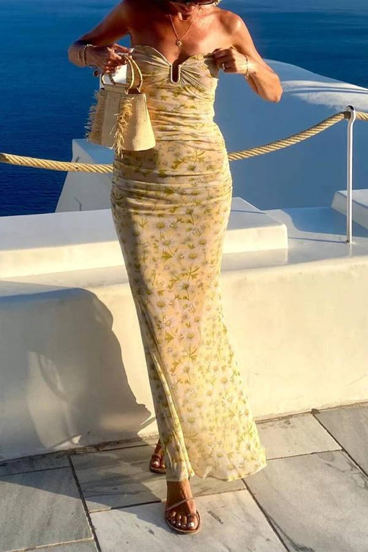 LB | Santorini Sunset Delikatna szyfonowa sukienka maxi bez ramiączek z kwiatowym nadrukiem