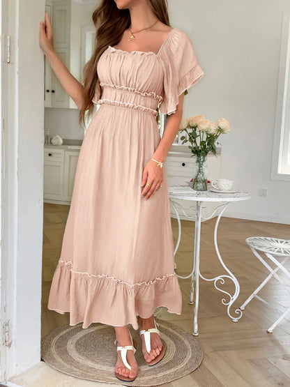 AS | Čtvercový výstřih Puff rukávy Frill trim Maxi šaty