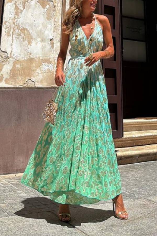 LB | Bianca Tie-dye Ombre Gold Floral Print A-Line Halterneck Maxi Dress