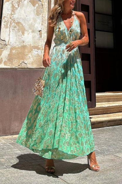 LB | Bianca Tie-dye Ombre Gold Floral Print A-Line Halterneck Maxi Dress