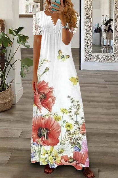 LB | Boho Floral V Neck Button Lace Sleeve Holiday Beach Maxi Dress