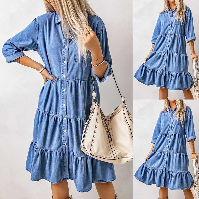LB | Mini sukienka chambray z falbankami i zapięciem na guziki w kolorze denimu