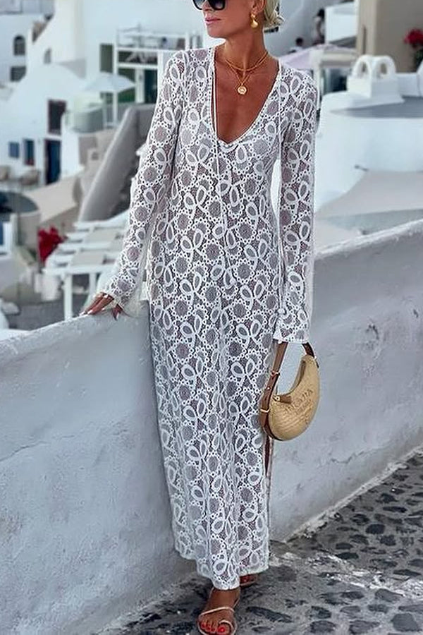 LB | Santorini Sunset Kwiatowa koronkowa sukienka z długim rękawem i rozcięciem Wakacyjna sukienka maxi