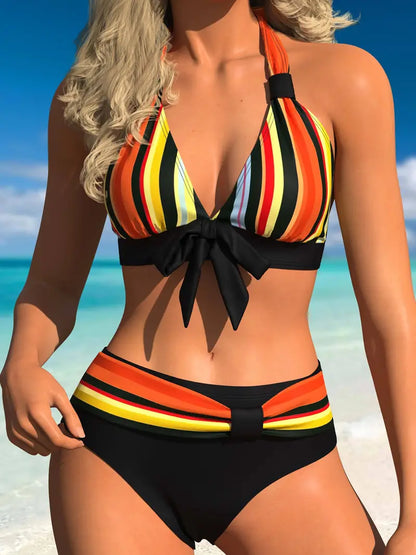 LB | Bikini typu halter ze sznurkiem w kolorowe paski