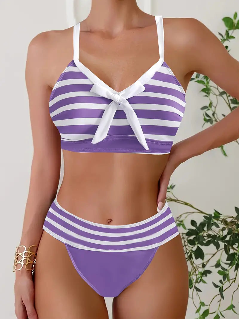 LB | Seksowne bikini w paski z kokardką w dekolcie V