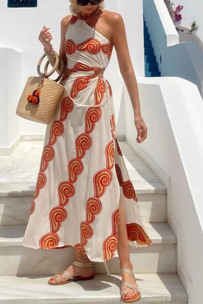 LB | Enjoy A Sunny Linen Blend Shell Print One Shoulder Neckline Waist Lace Up Slit Maxi Dress