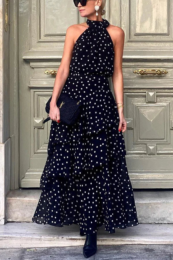 LB | Cabana Date Polka Dot Print Halter Bow Neck Tiered Maxi Dress