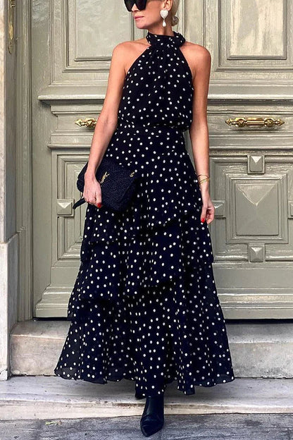 LB | Cabana Date Polka Dot Print Halter Bow Neck Tiered Maxi Dress