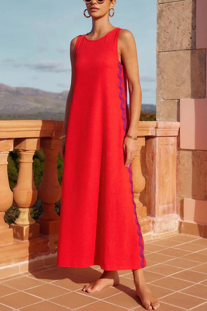 LB | Vacation Villa Side Ric Rac Wave Trim Slit Luźna sukienka maxi