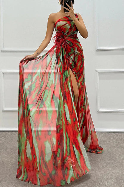 LB | Amazing Views Watercolour Print Feather Rose Detail Off Shoulder Pleated Slit Maxi Dress