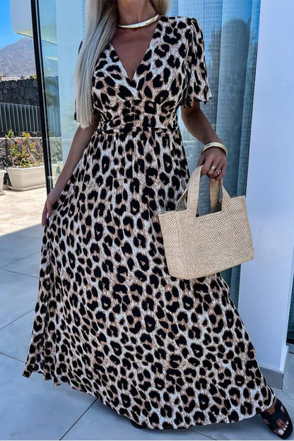 LB | Khaki Leopard V-Neck Cinched High Waist Open Back Maxi Dress