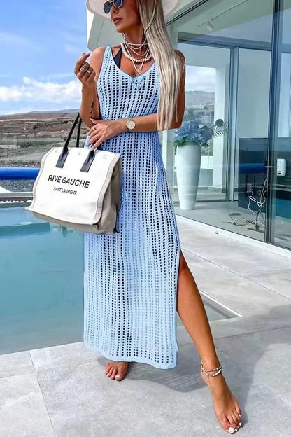 LB | Deserted Island Crochet Knit Cross Back Cover Up Maxi Dress