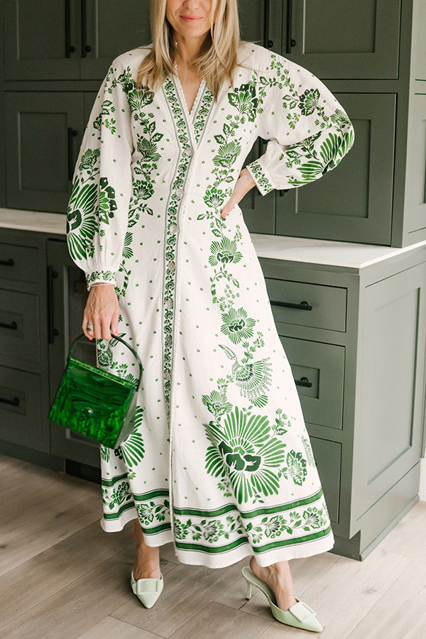 LB | Unique Print Button Down Long Sleeve Shirt Maxi Dress