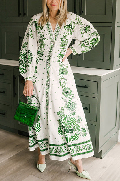 LB | Unique Print Button Down Long Sleeve Shirt Maxi Dress