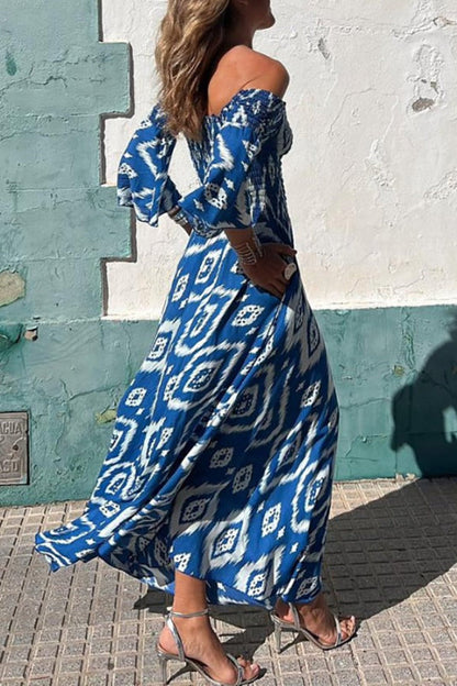 LB | Close To The Vacation Ethnic Print Smocked Off Shoulder Pocketed Maxi Dress