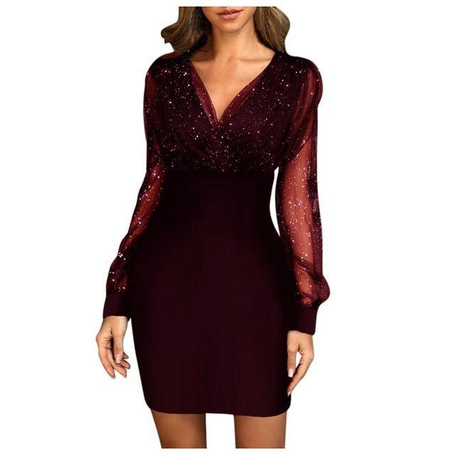 AS | Dámské podzimní šaty s dlouhými rukávy a švy V-Neck Mesh Dress