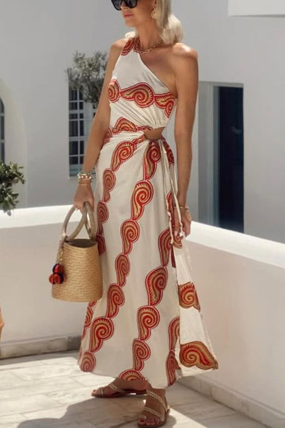 LB | Enjoy A Sunny Linen Blend Shell Print One Shoulder Neckline Waist Lace Up Slit Maxi Dress
