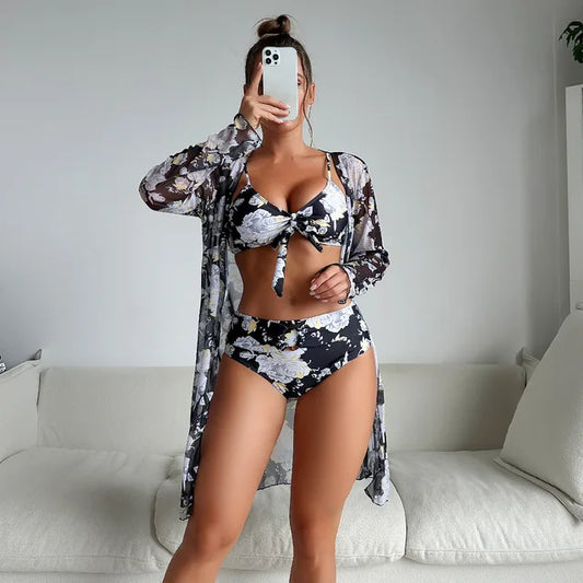 LB | Eleganckie letnie bikini z wysoką talią i kwiatowym wzorem