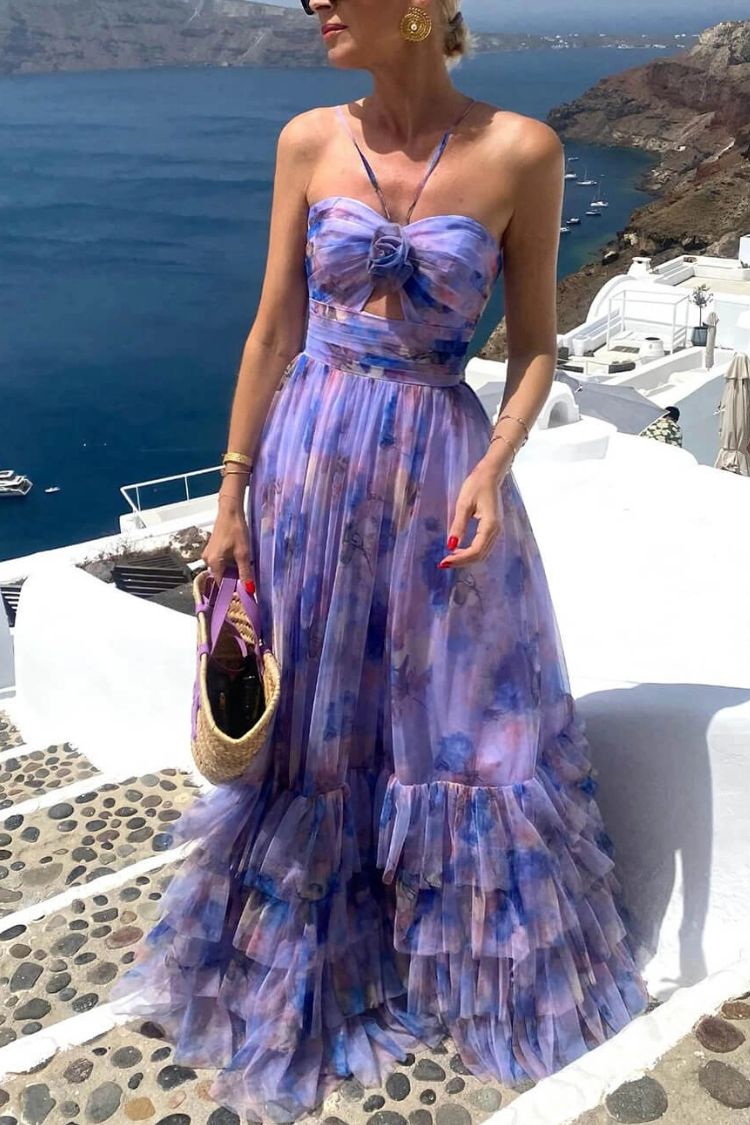 LB | Dreamy Clouds Tulle Printed Rose Detail Neckline Ruffle Striped Halter Maxi Dress