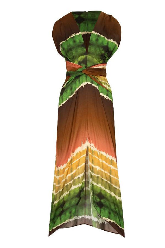 LB | Tie Dye Print Sleeveless V Neck Tie Waist Maxi Dress