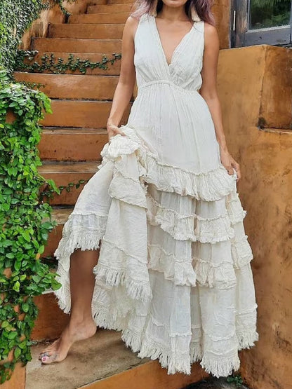LB | Casual White Striped Ruched Fringed Solid Maxi Dress