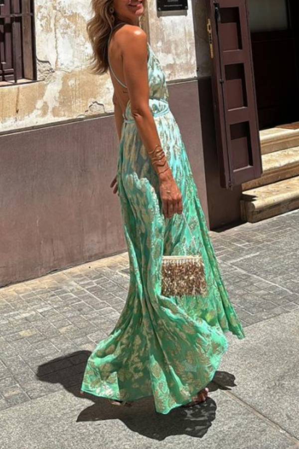 LB | Bianca Tie-dye Ombre Gold Floral Print A-Line Halterneck Maxi Dress