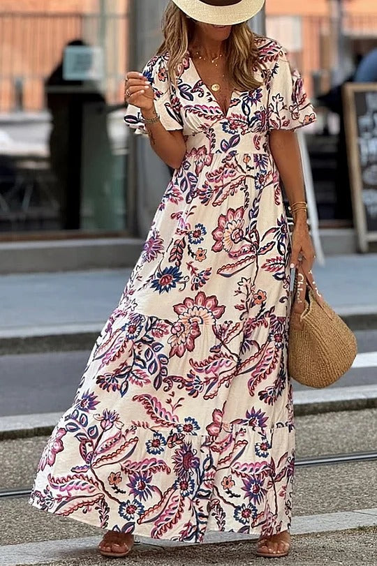 LB | Unique Print V-Neck Waist Holiday Maxi Dress